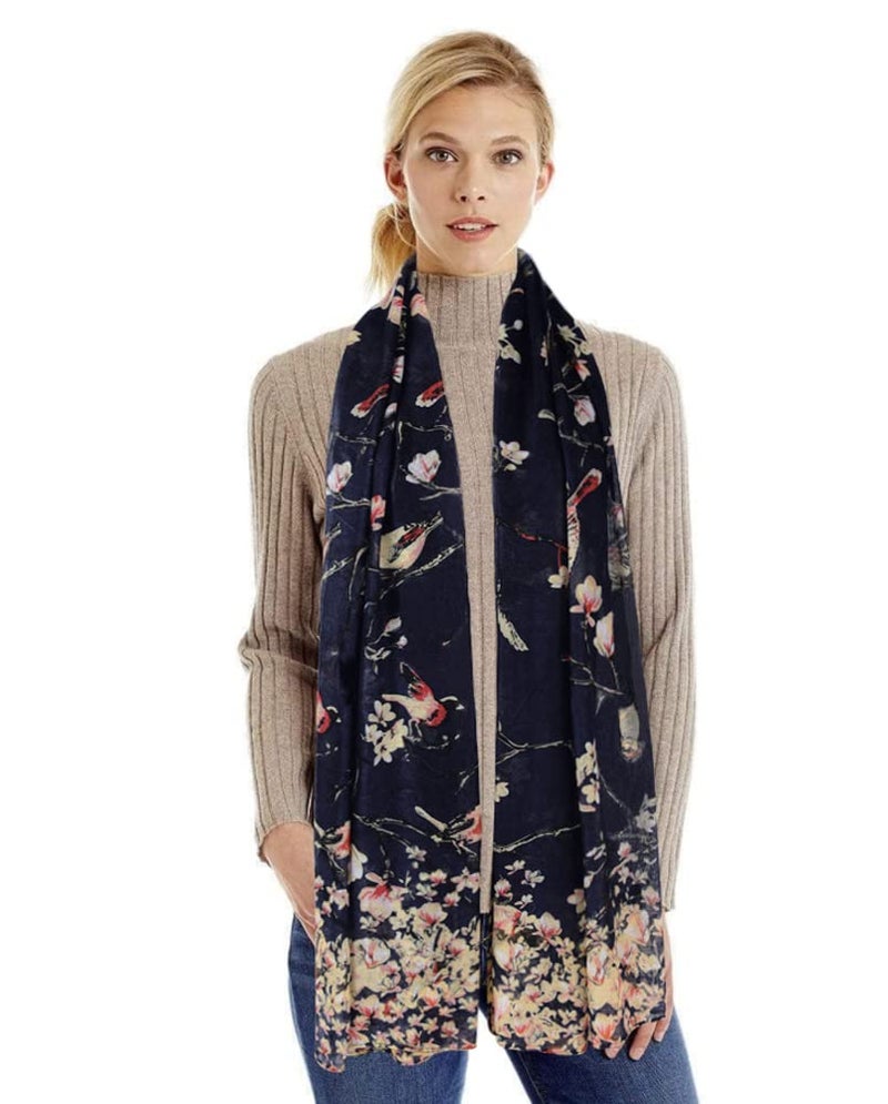 GERINLY أوشحة جيرينلي النسائية العصرية باللون navy خفيفة الوزن كبيرة من القطن لتغطية الرأس هدية للأمهات Bufanda PÃ¡jaros (أزرق داكن) - Image 3